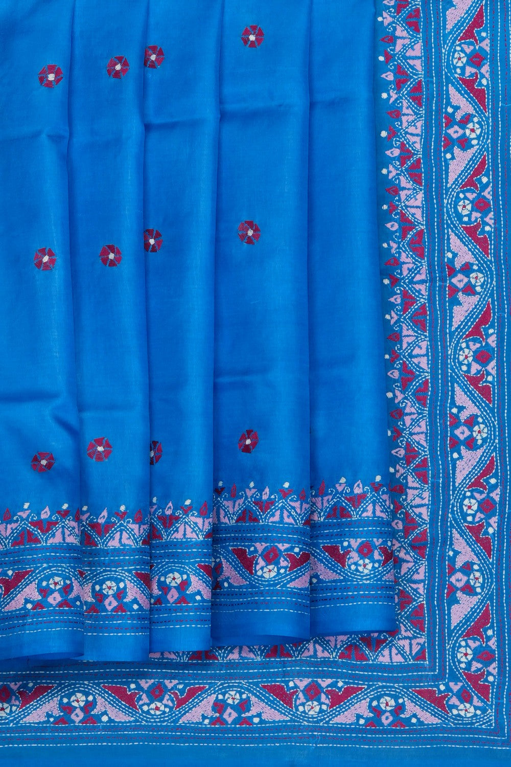 Image of Blue Silk Kantha Embroidery Saree