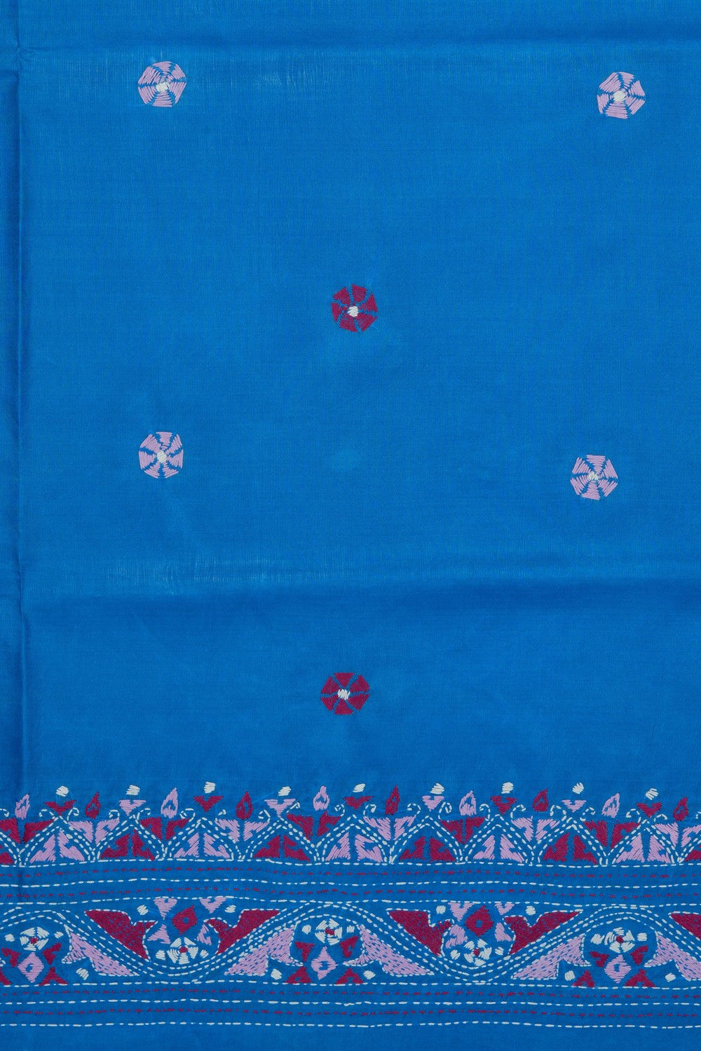 Image of Blue Silk Kantha Embroidery Saree