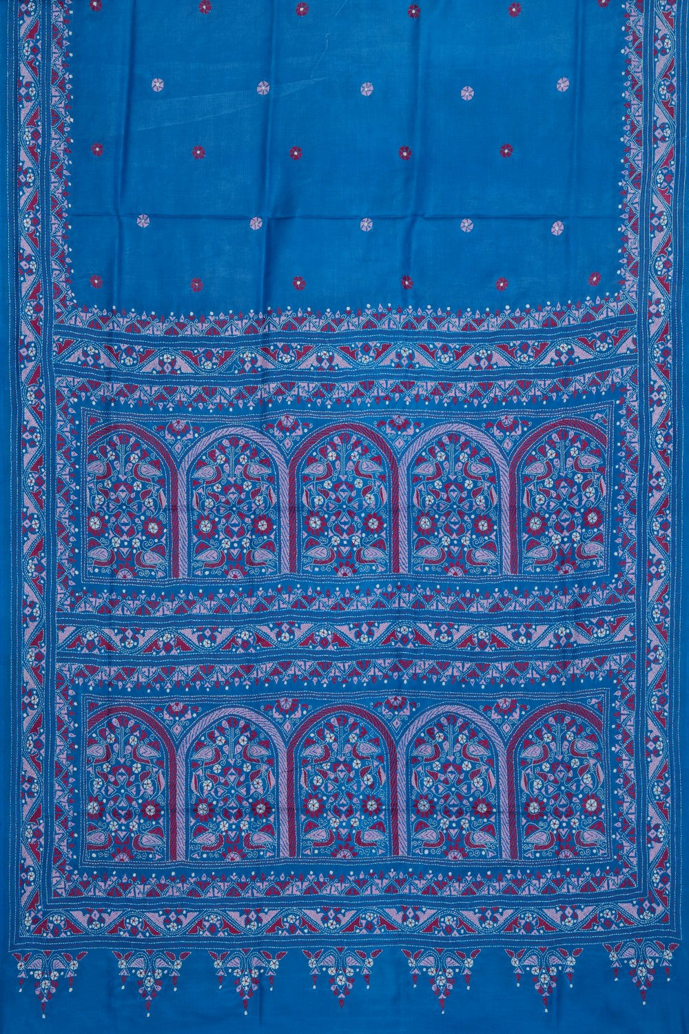 Image of Blue Silk Kantha Embroidery Saree