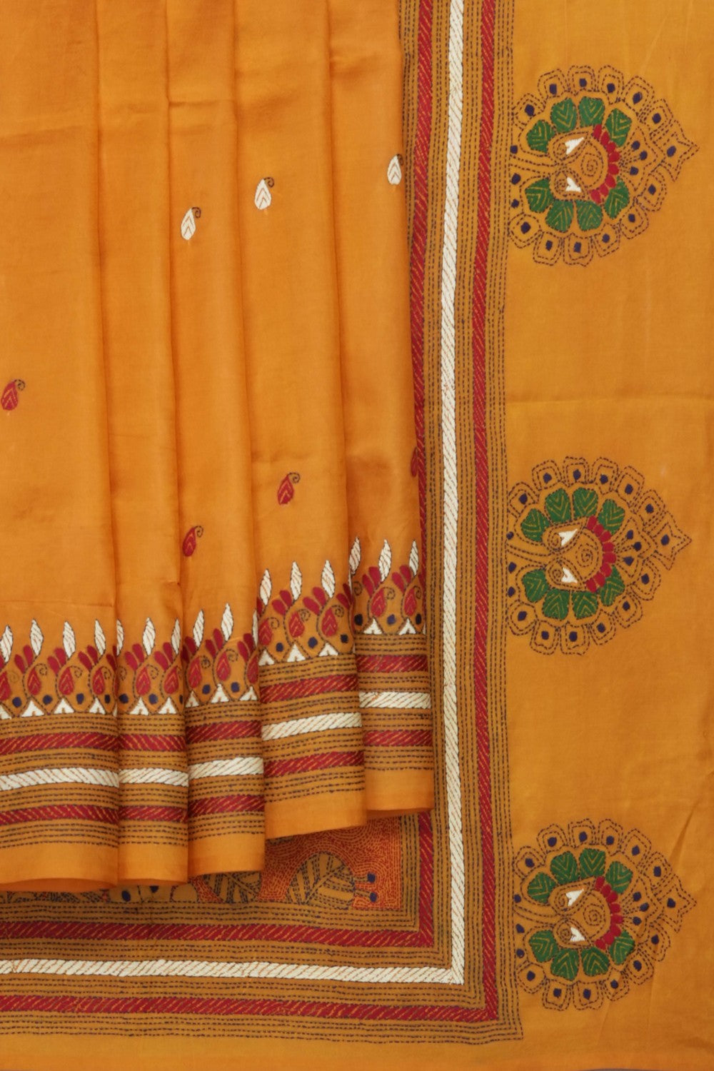 Image of Mustard Silk Kantha Embroidery Saree