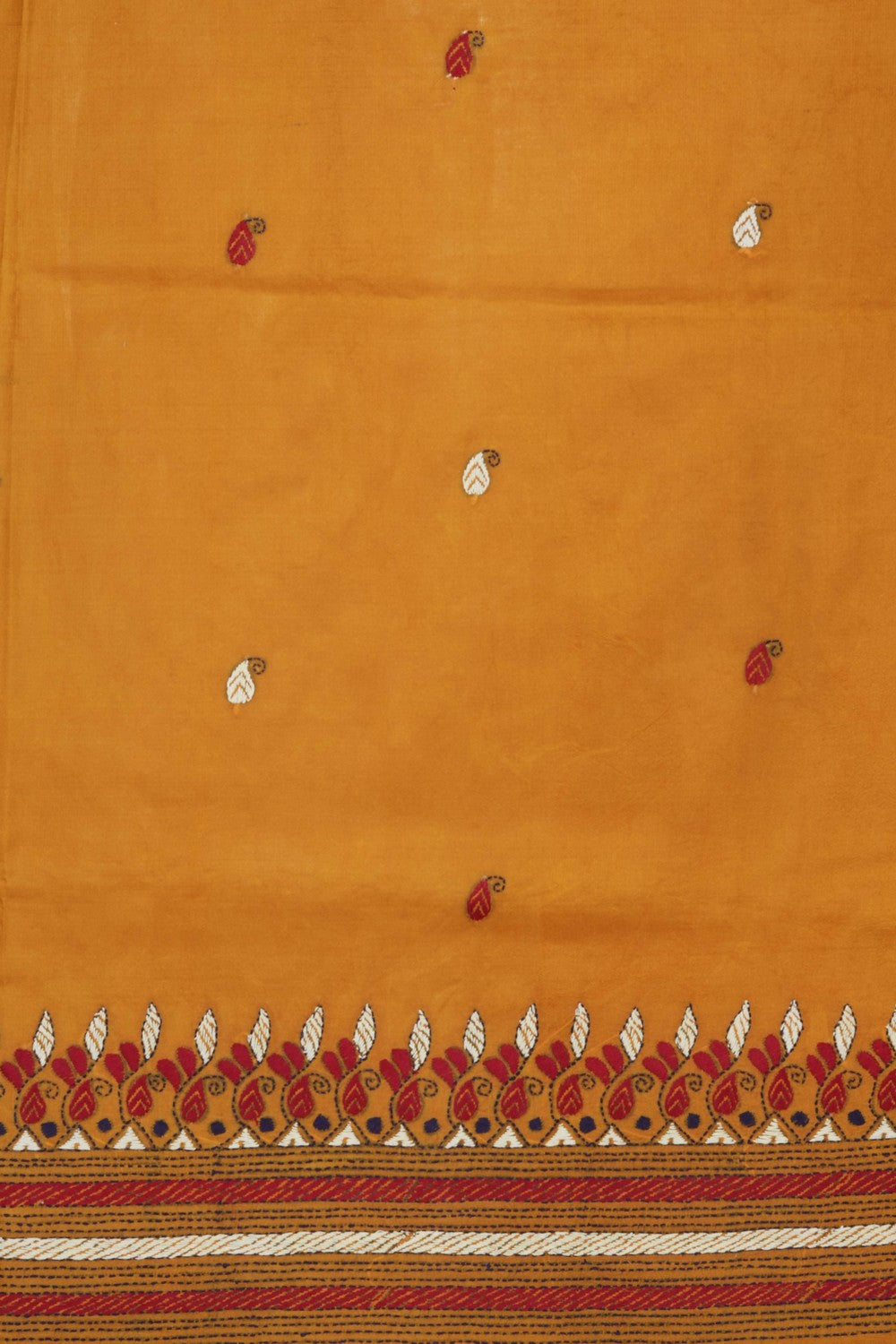 Image of Mustard Silk Kantha Embroidery Saree