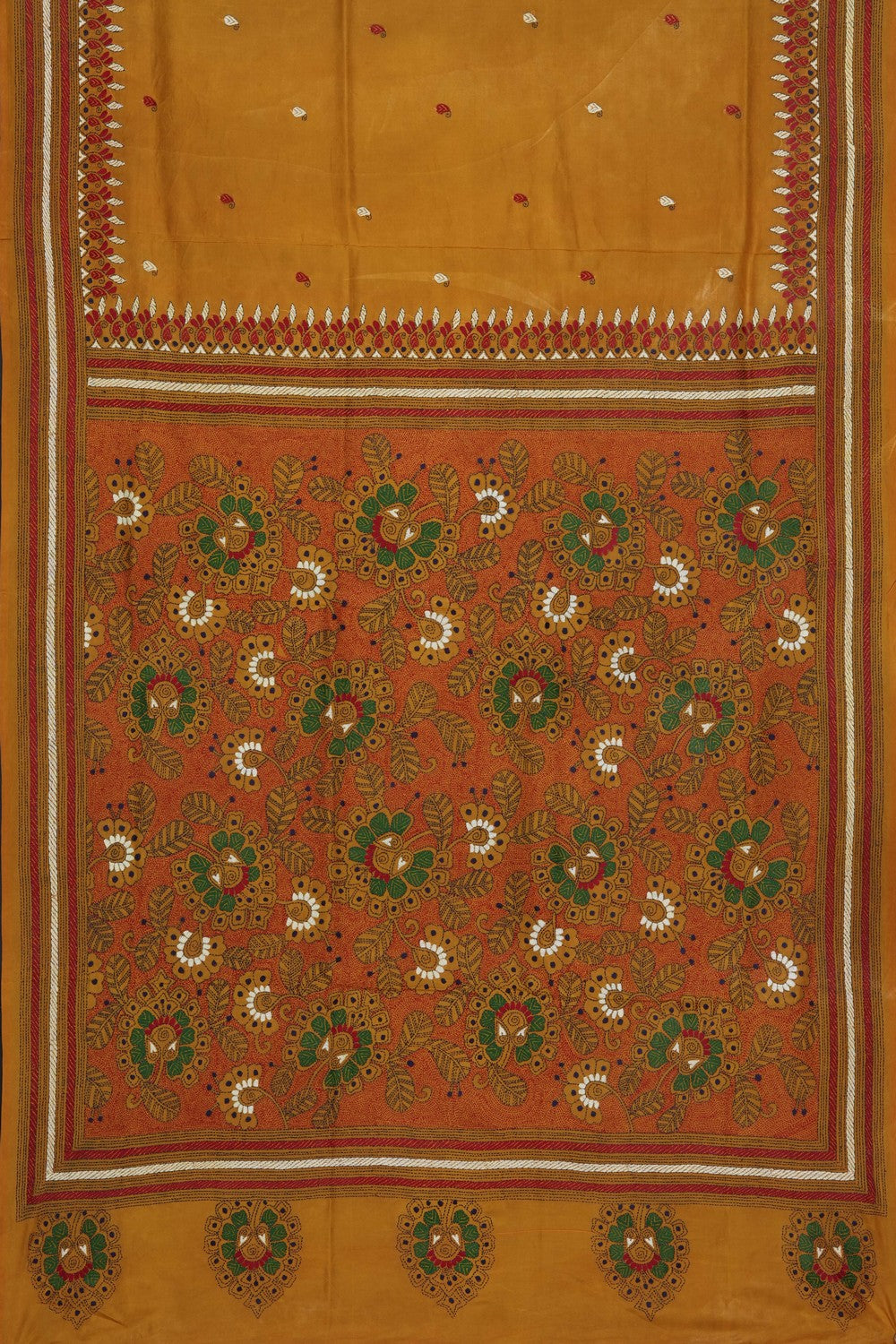 Image of Mustard Silk Kantha Embroidery Saree