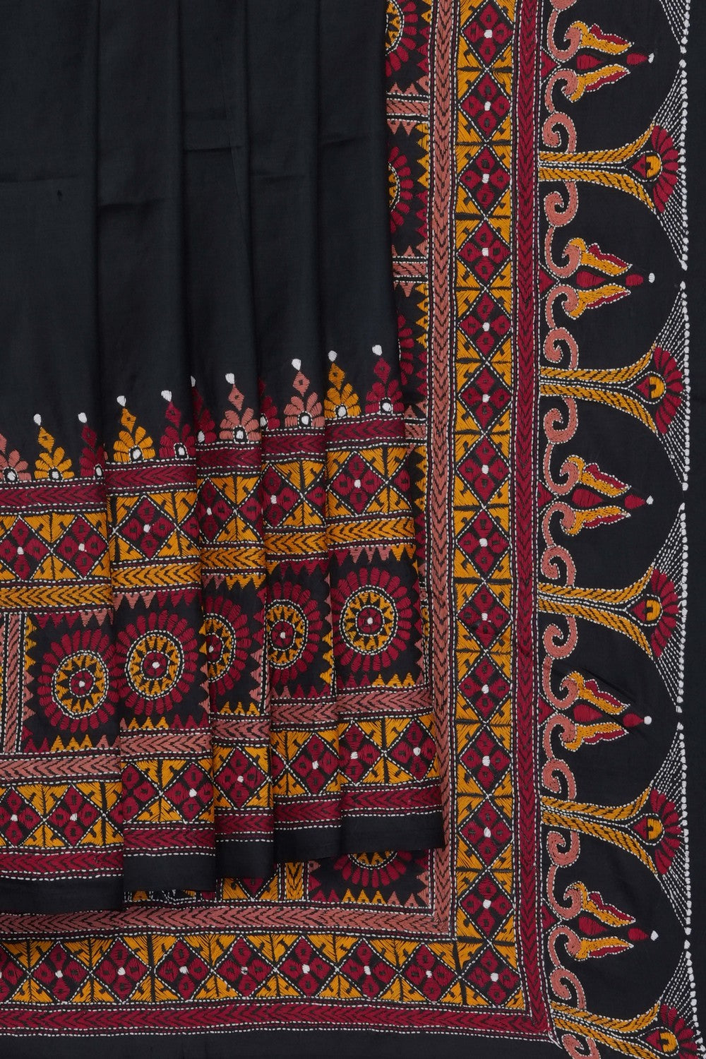 Image of Black Silk Kantha Embroidery Saree