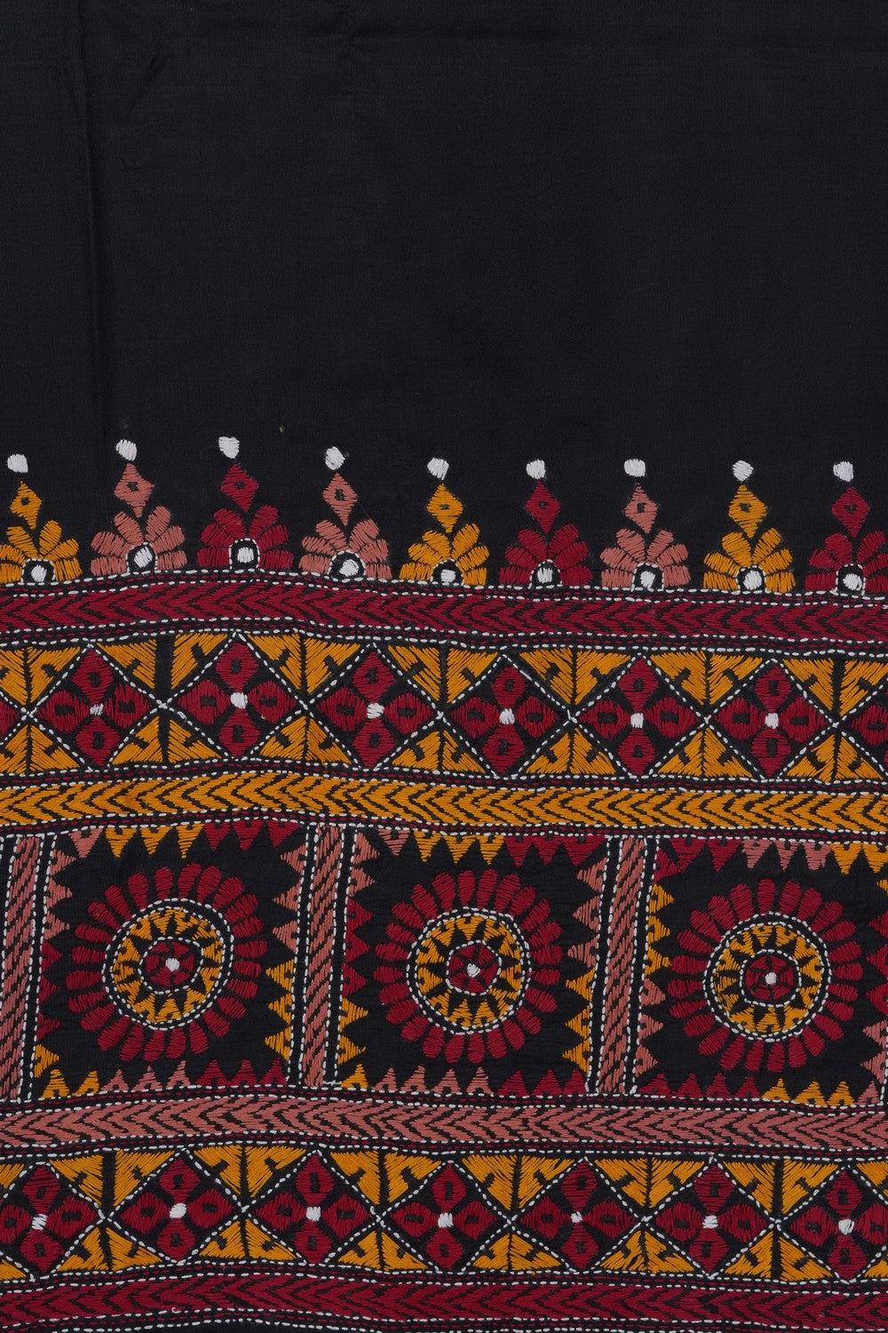 Image of Black Silk Kantha Embroidery Saree