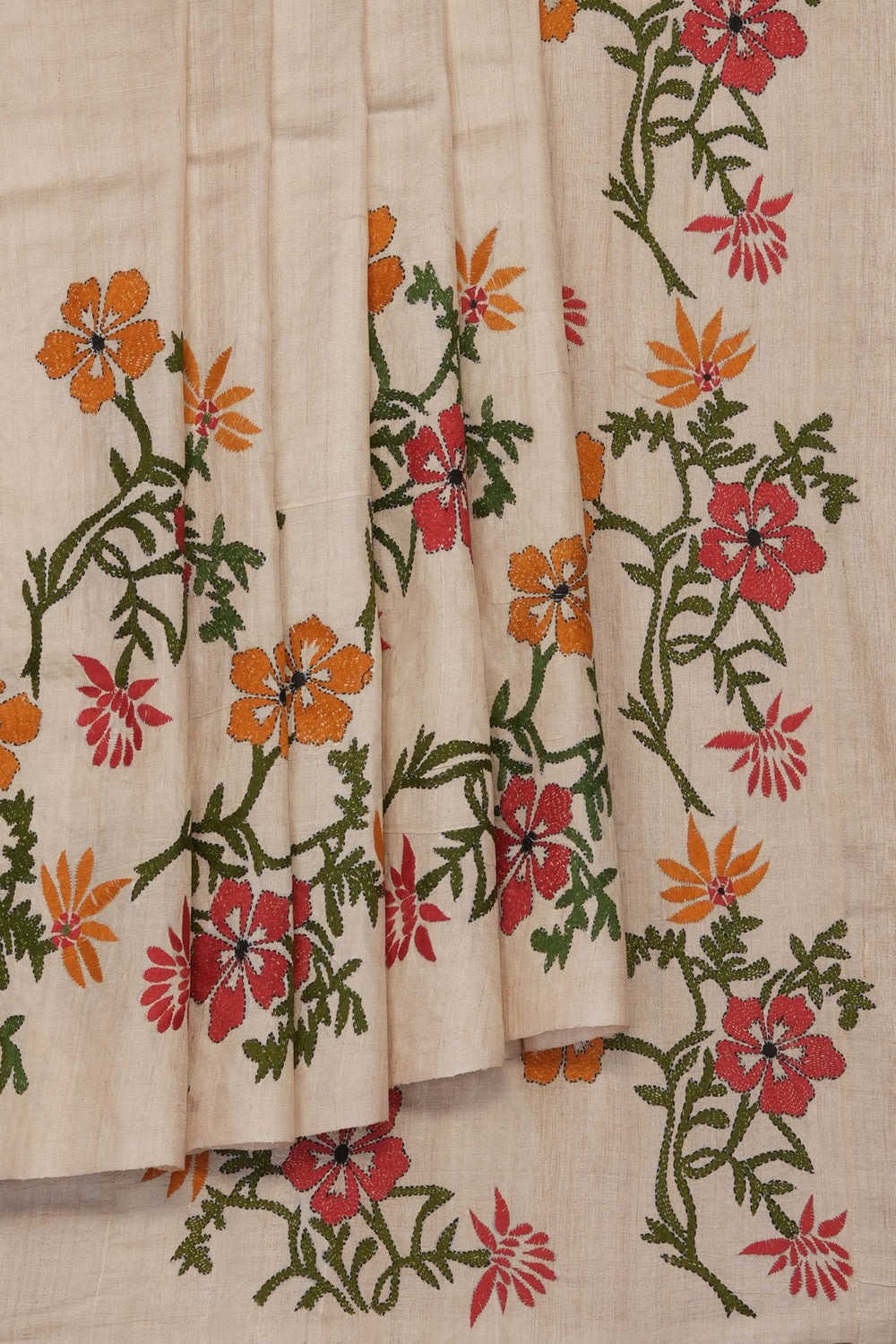 Image of Tussar Silk Kantha Embroidery Saree