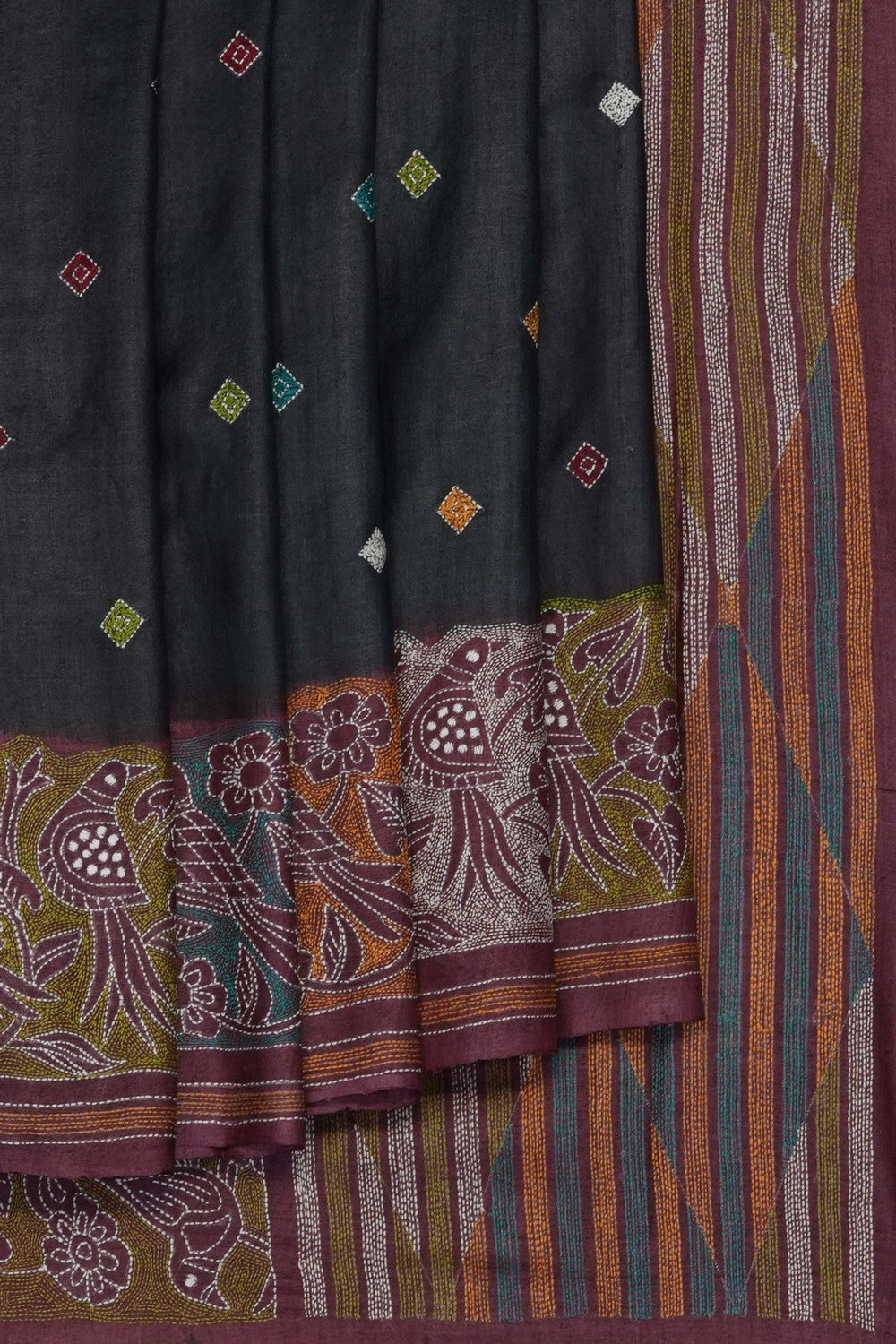 Image of Black Silk Kantha Embroidery Saree