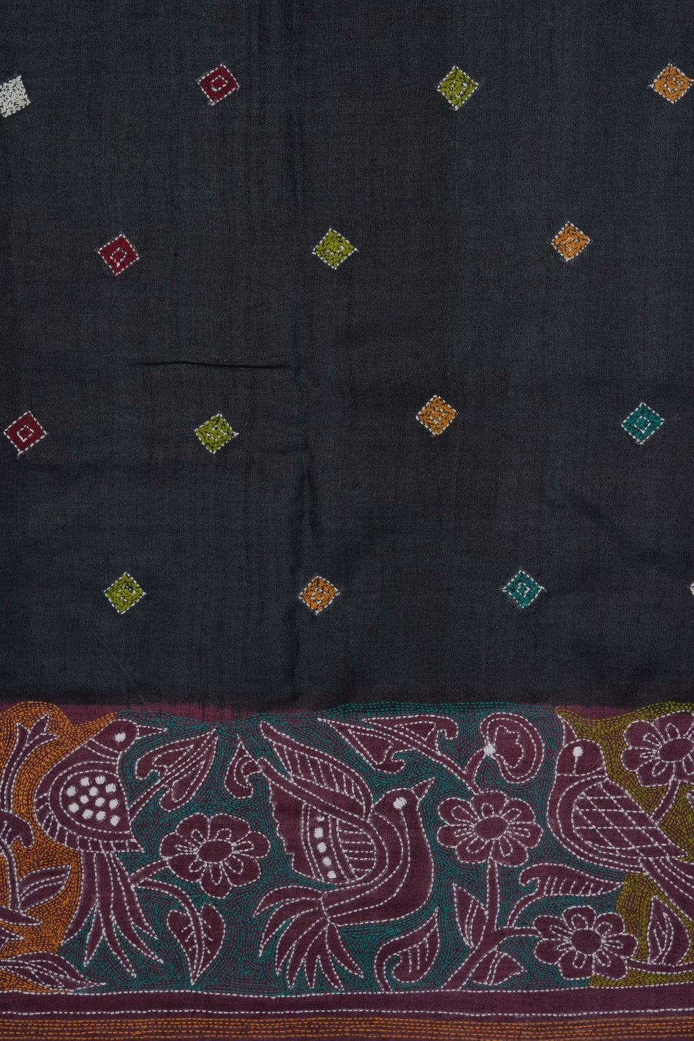 Image of Black Silk Kantha Embroidery Saree