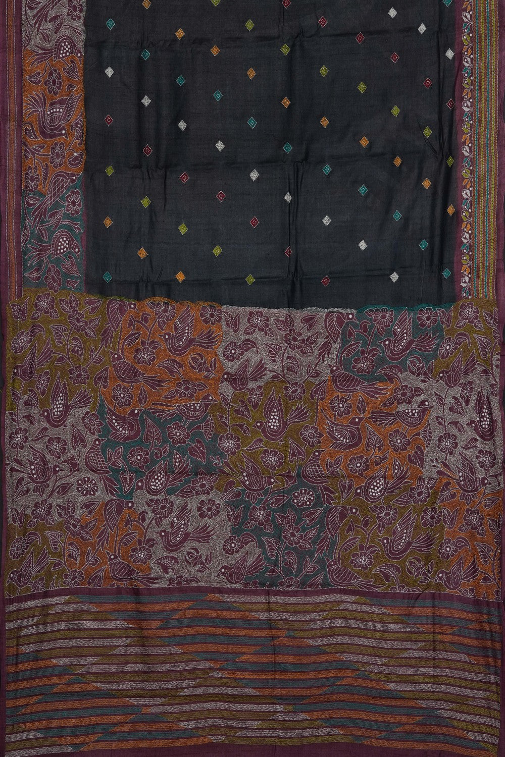 Image of Black Silk Kantha Embroidery Saree