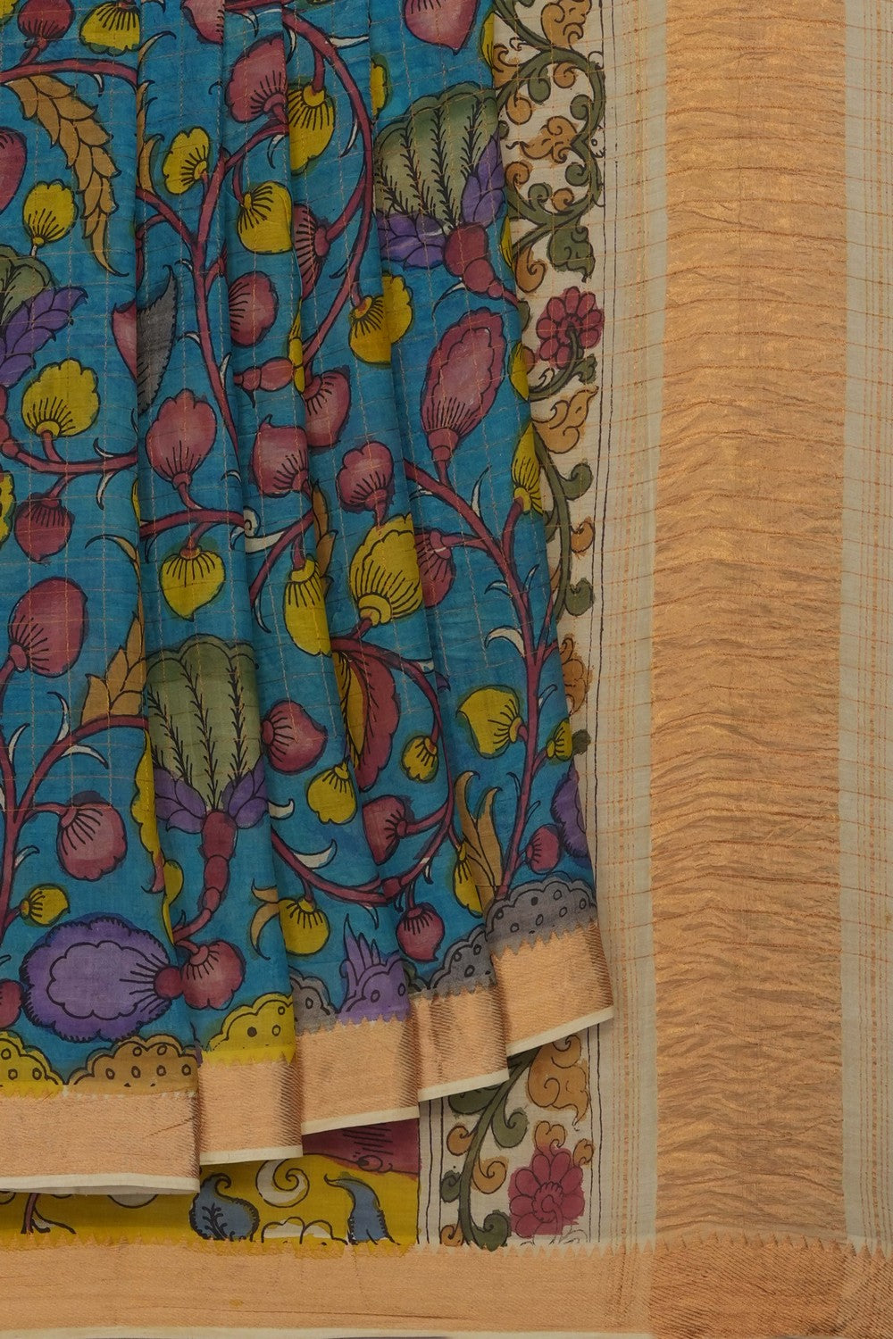 Image of Blue Mangalgiri Kalamkari Saree