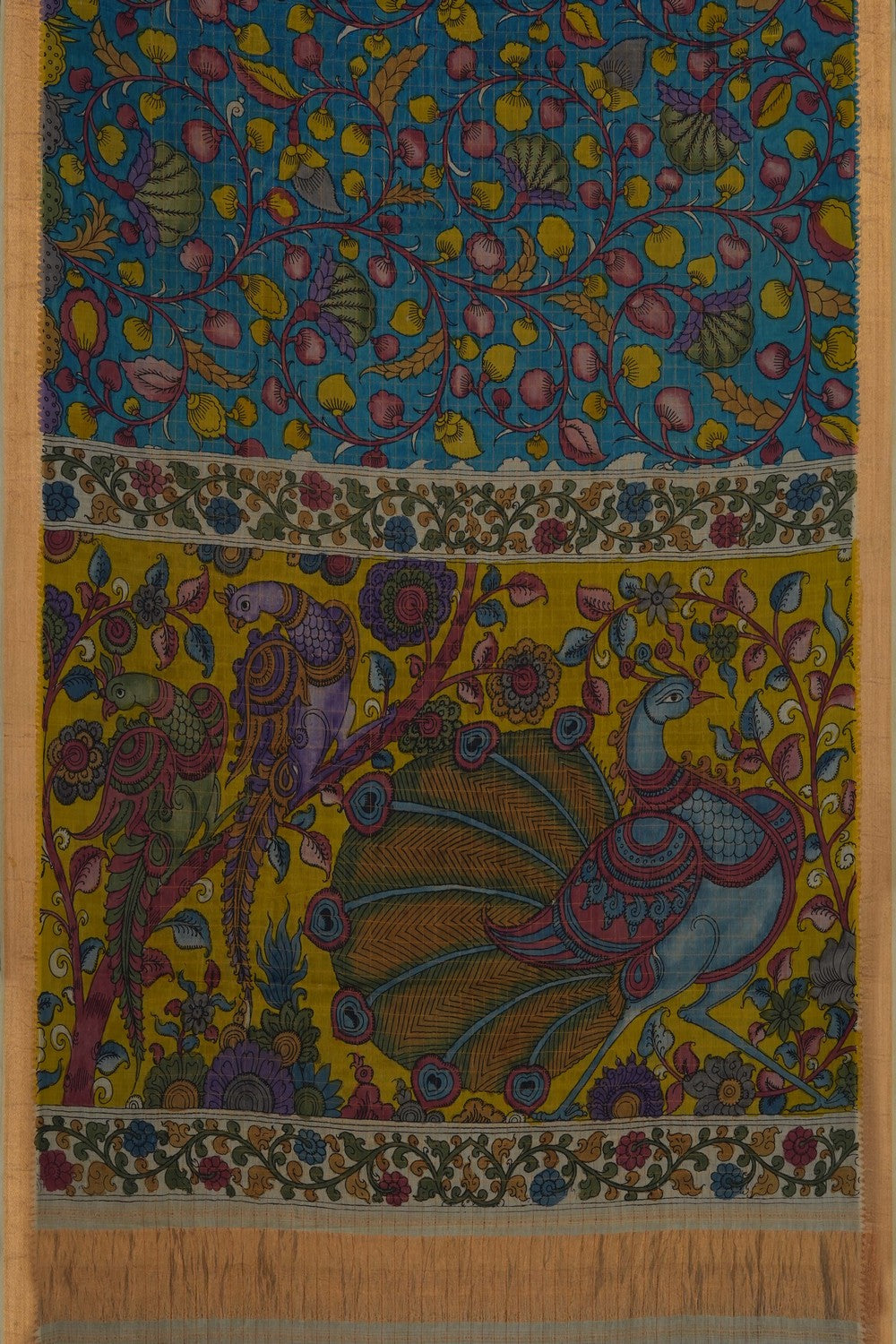 Image of Blue Mangalgiri Kalamkari Saree