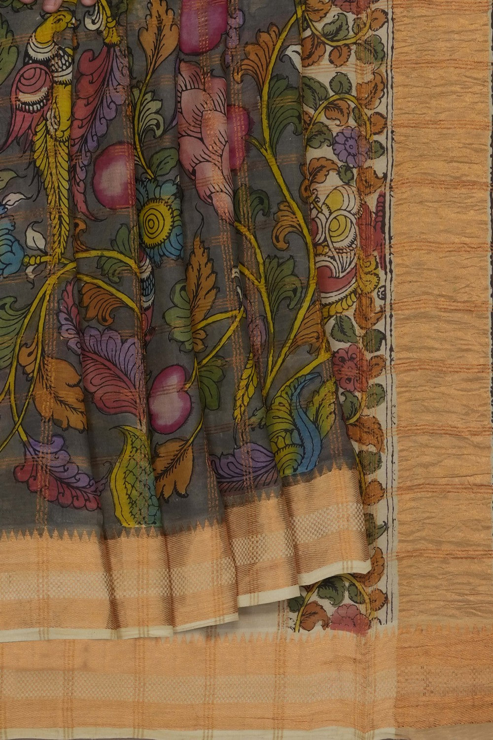 Image of Grey Mangalgiri Kalamkari Saree