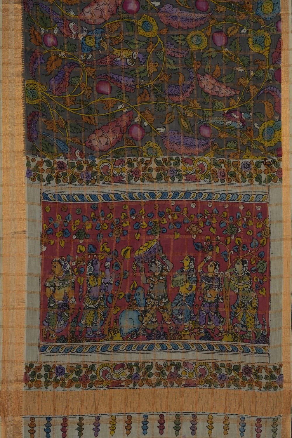 Image of Grey Mangalgiri Kalamkari Saree