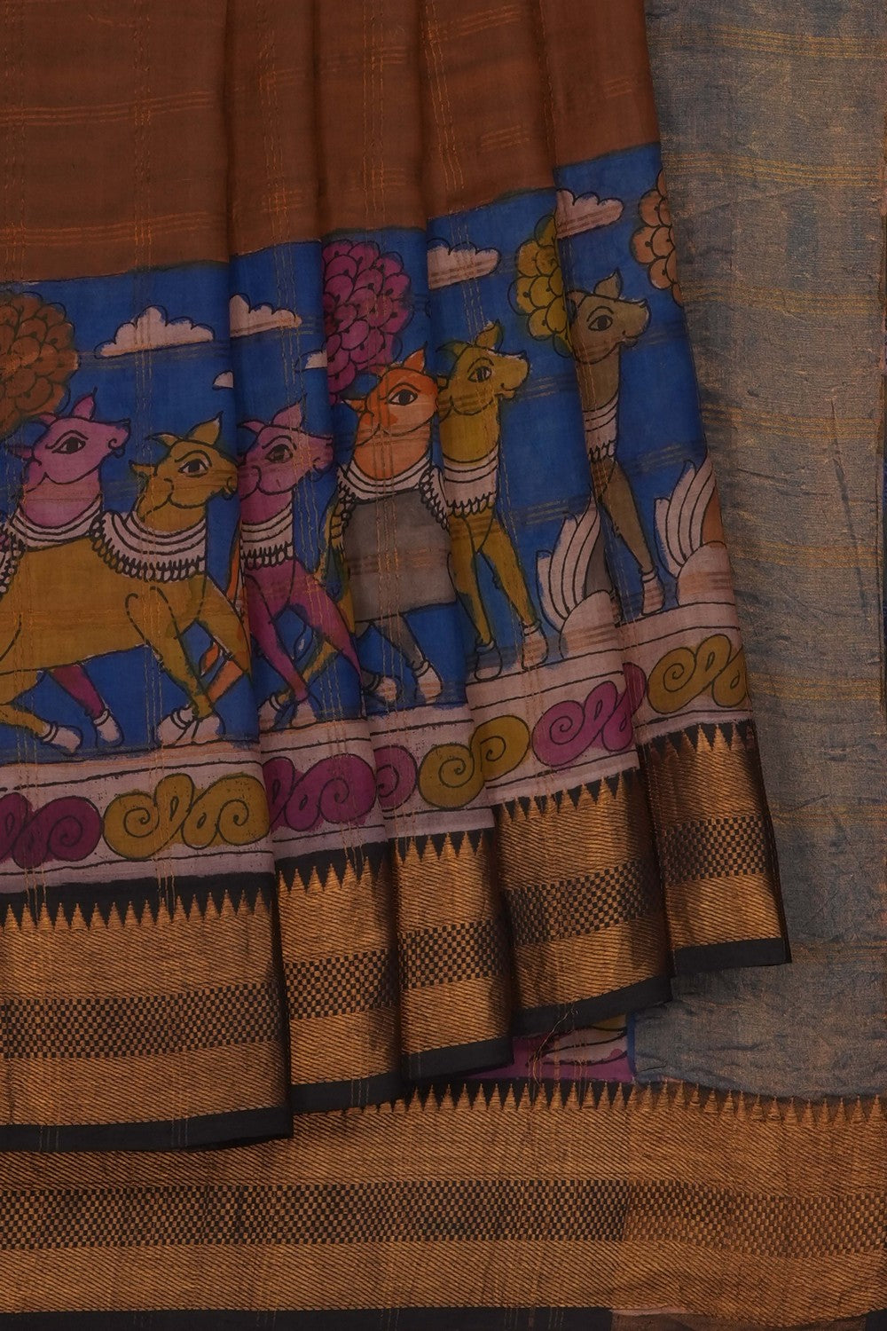 Image of Brown Mangalgiri Kalamkari Saree