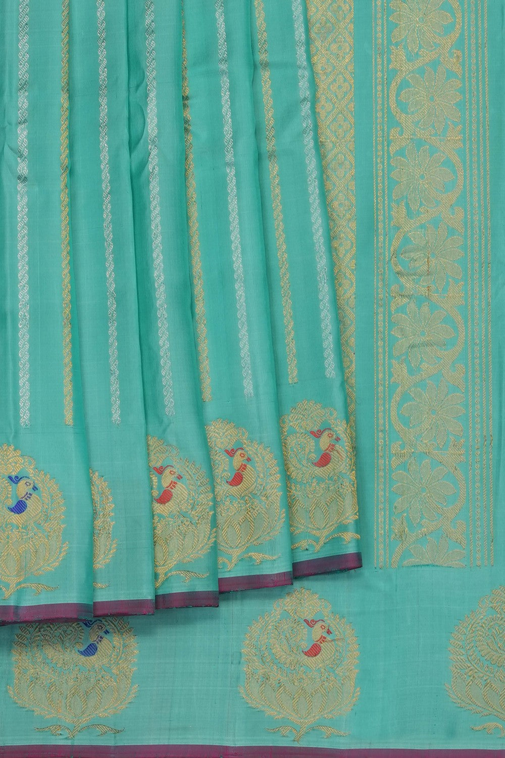 Image of Turquoise-Green Gadwal Silk Saree