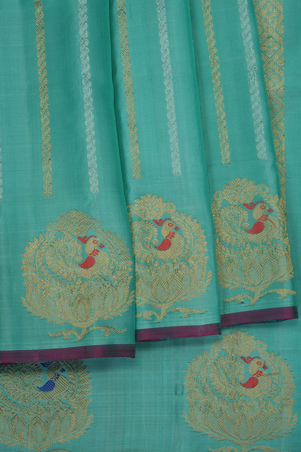 Image of Turquoise-Green Gadwal Silk Saree