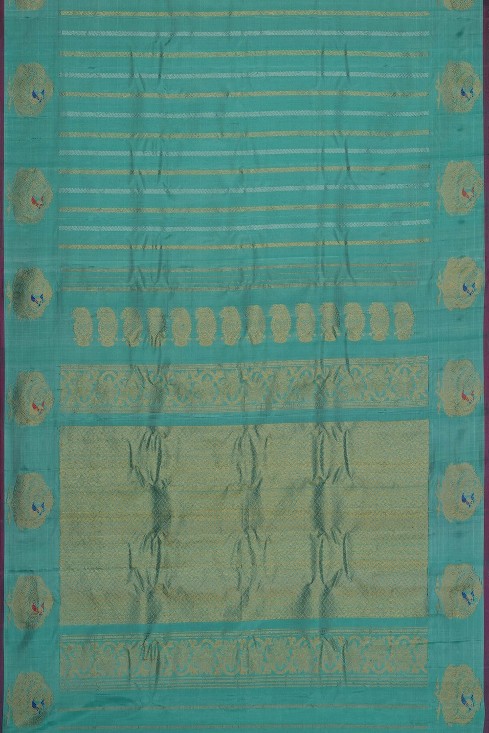 Image of Turquoise-Green Gadwal Silk Saree