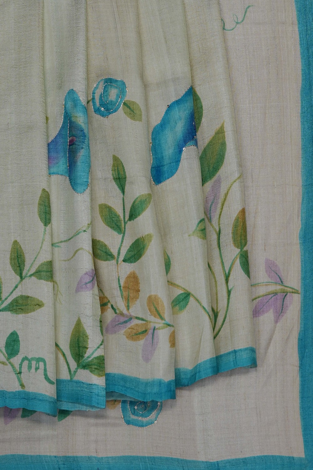 Image of Aqua Green Tussar Silk Embroidery Saree