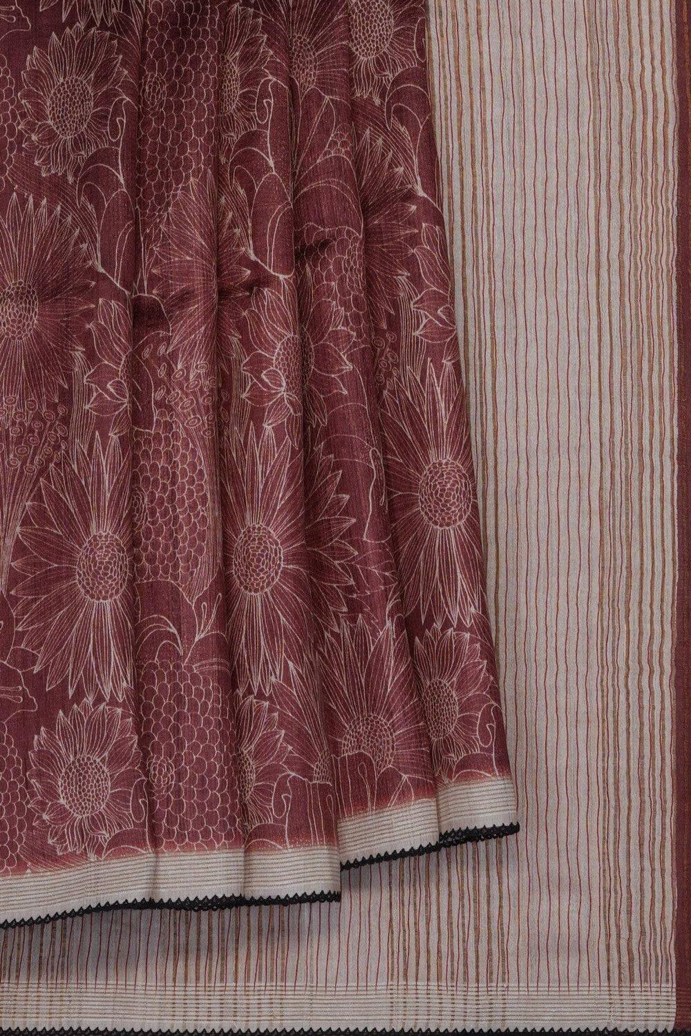 Image of Maroon Tussar Silk Embroidery Saree