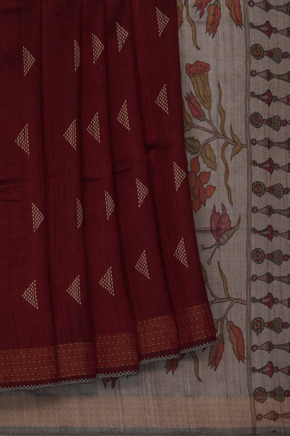 Image of Maroon Tussar Silk Embroidery Saree