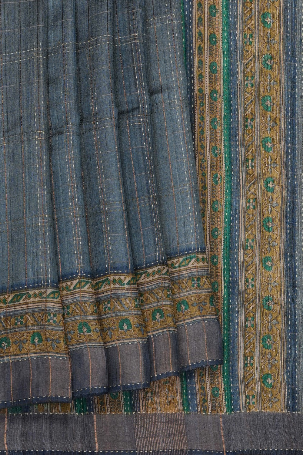 Image of Grey Tussar Silk Embroidery Saree