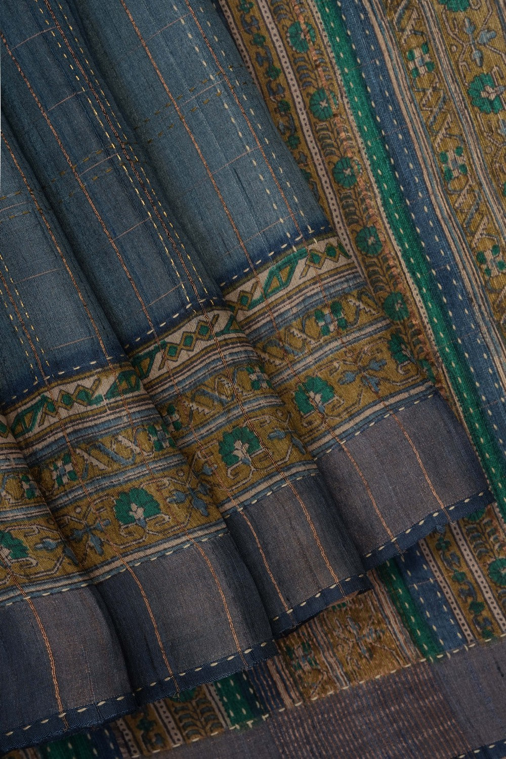 Image of Grey Tussar Silk Embroidery Saree