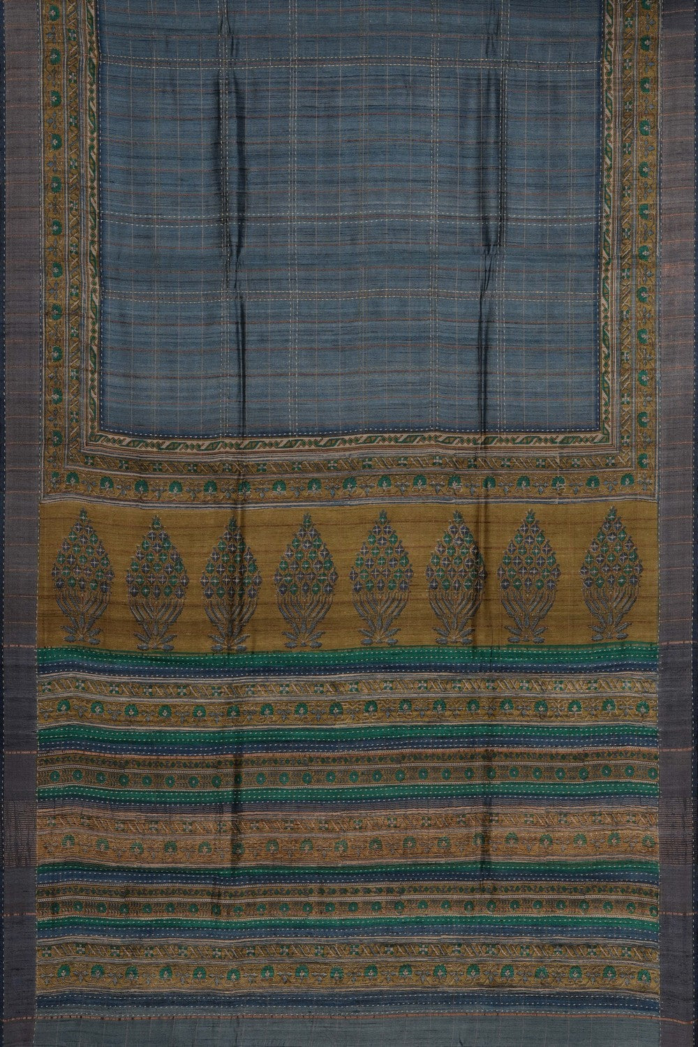 Image of Grey Tussar Silk Embroidery Saree