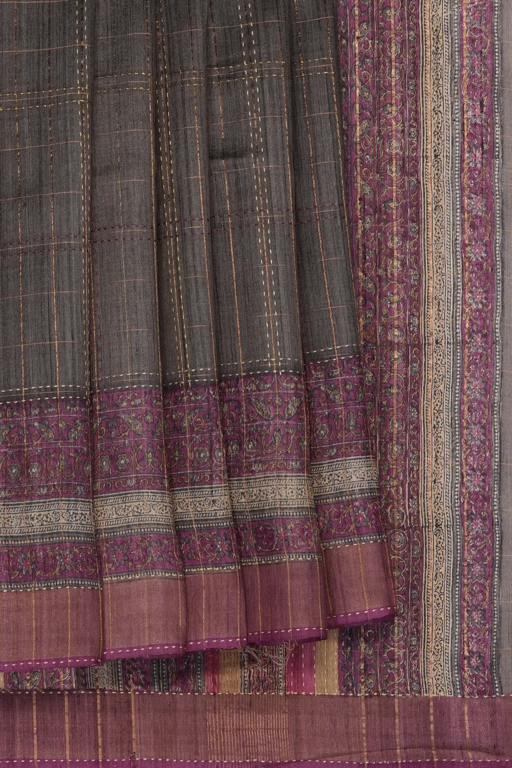 Image of Grey Tussar Silk Embroidery Saree