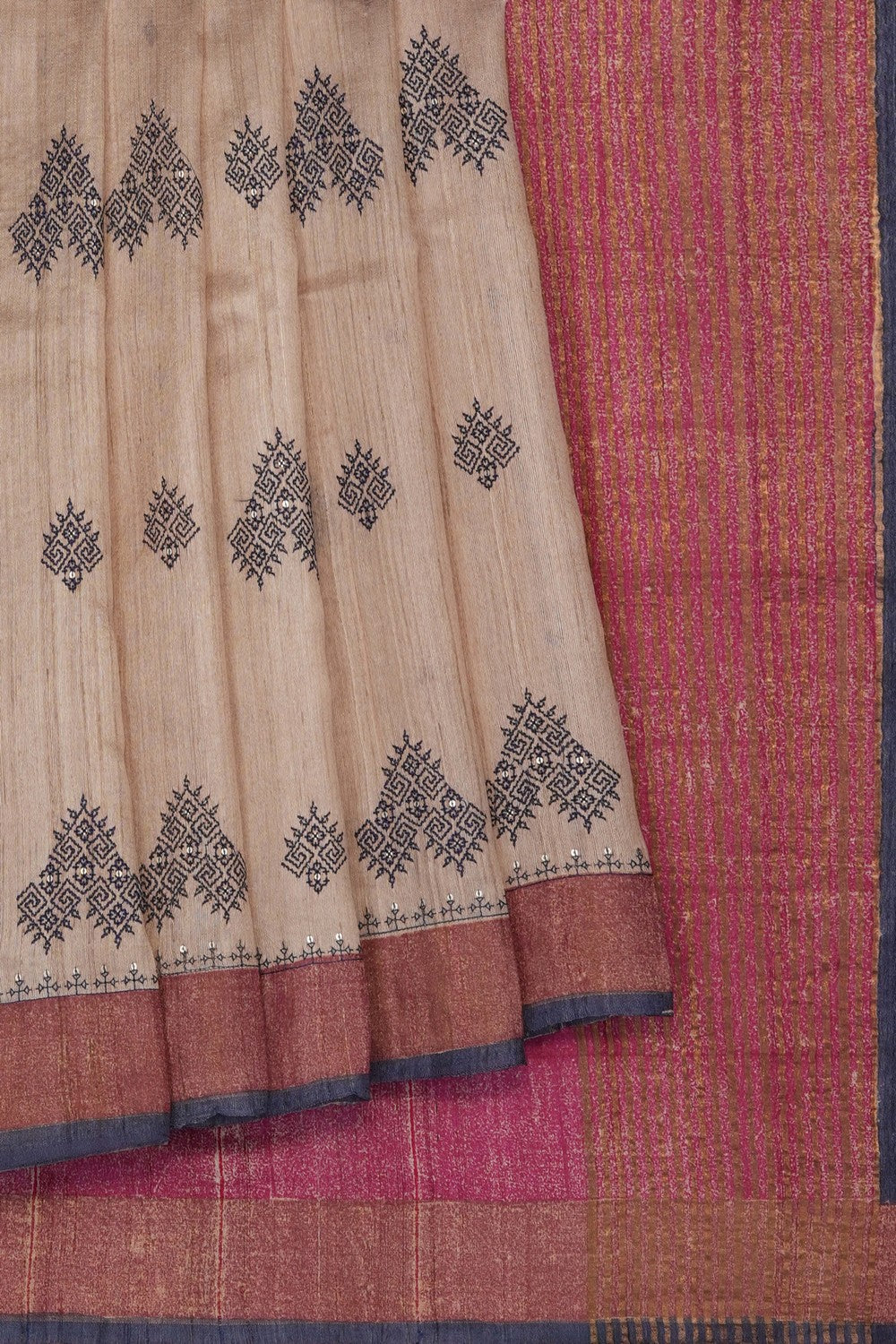 Image of Beige Tussar Silk Embroidery Saree
