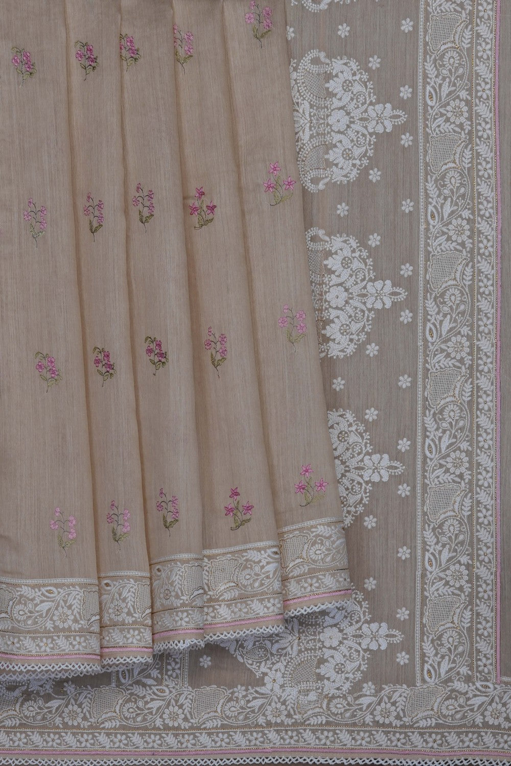 Image of Beige Tussar Silk Embroidery Saree