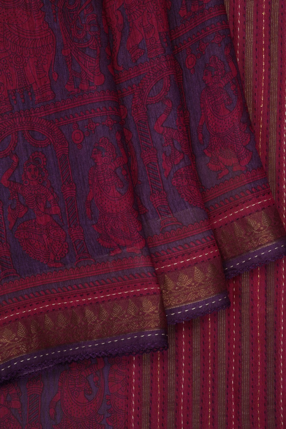 Image of Purple Tussar Silk Kantha Stitch Saree