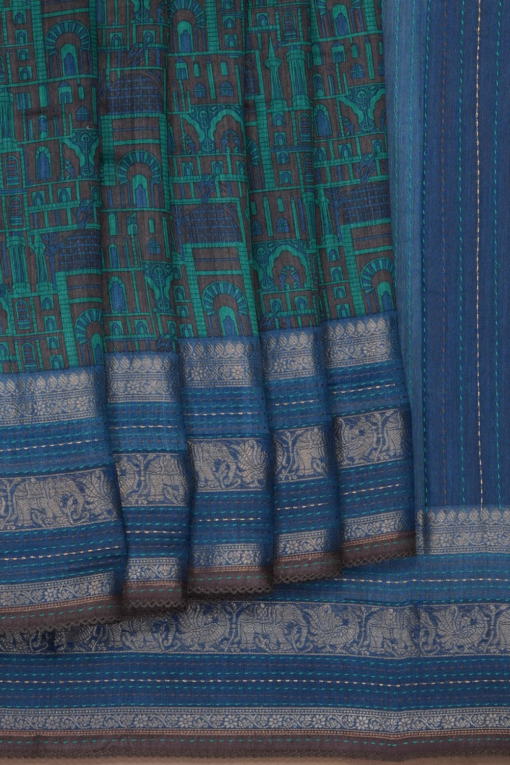 Image of blue-tussar-silk-kantha-stitch-saree-p-18940686