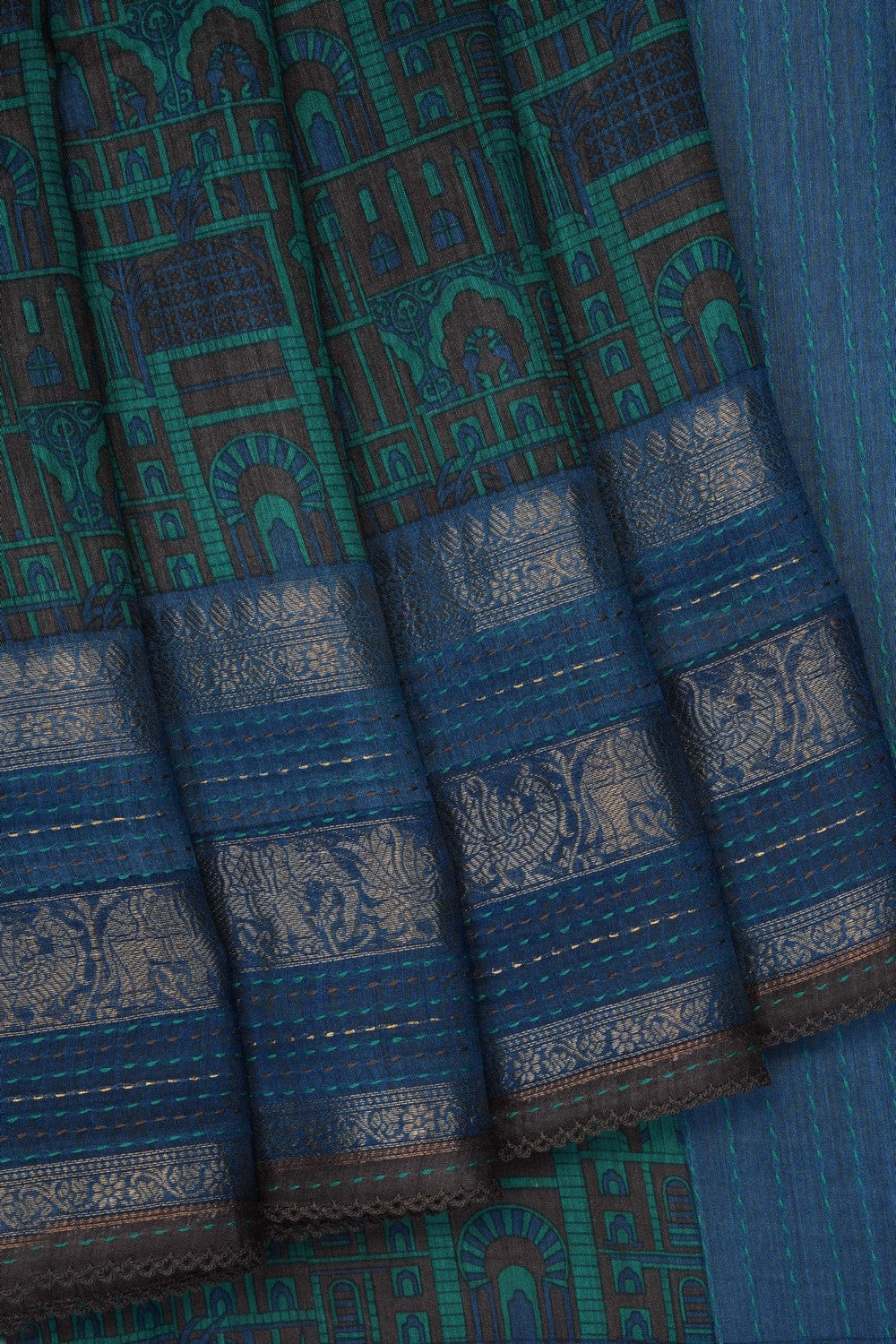 Image of Blue Tussar Silk Kantha Stitch Saree