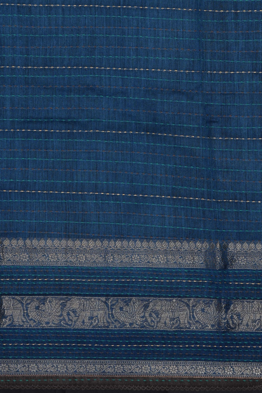Image of Blue Tussar Silk Kantha Stitch Saree