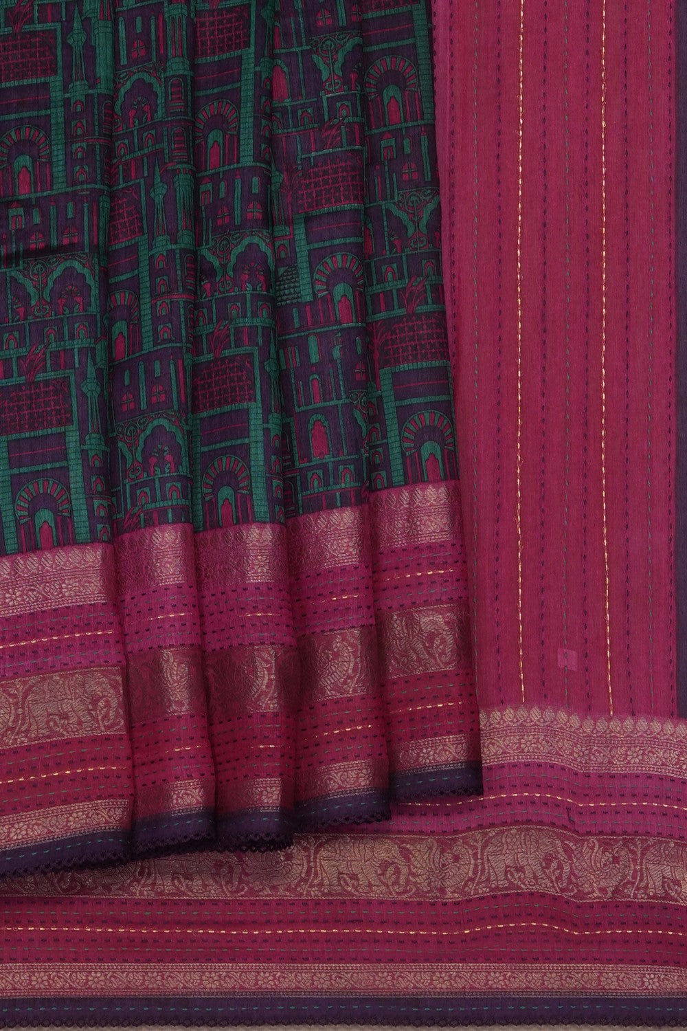 Image of green-tussar-silk-kantha-stitch-saree-p-18940687