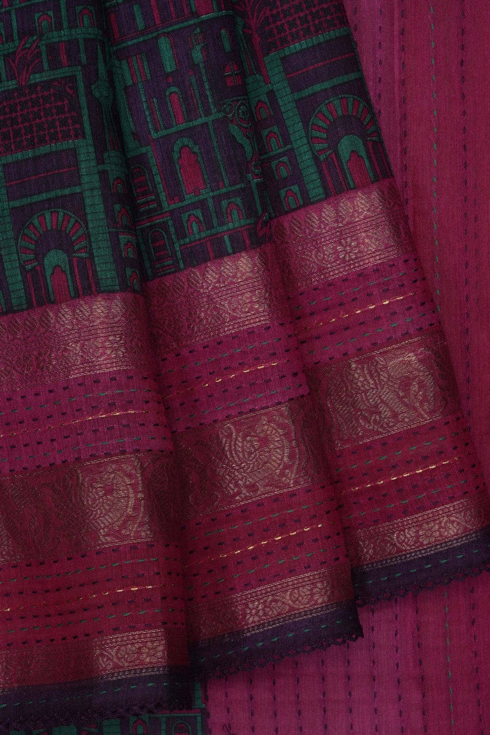 Image of Green Tussar Silk Kantha Stitch Saree
