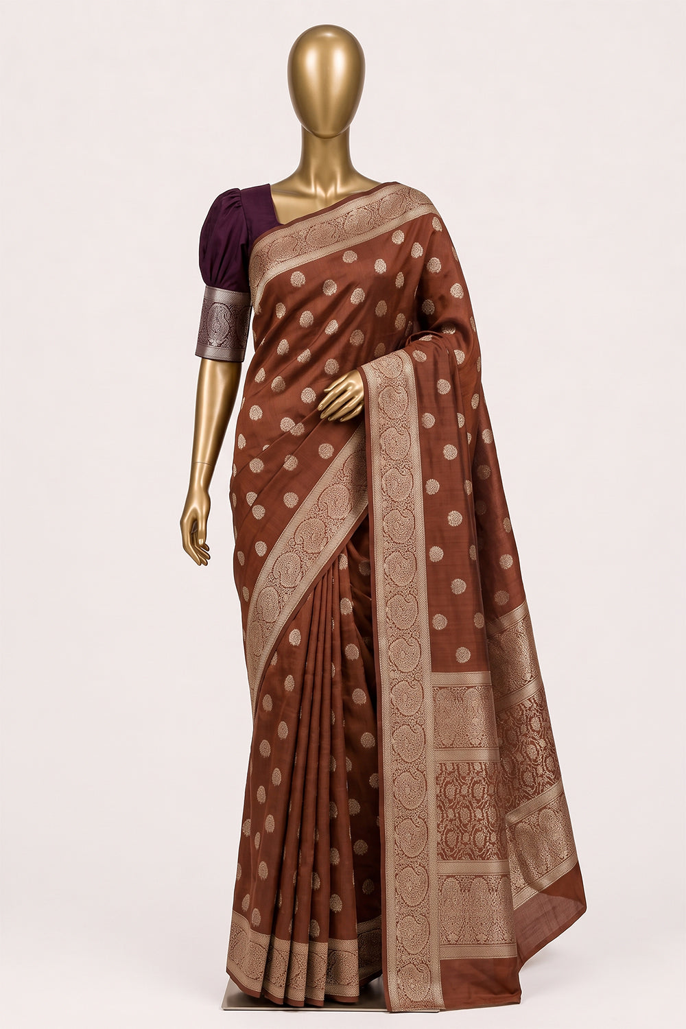 Image of Caramel Brown Banarasi Chiniya Silk Saree