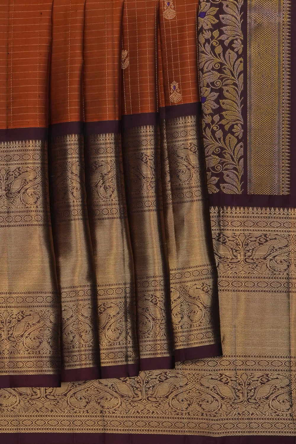 Image of Rust-Orange Kanchipattu Kattam Saree