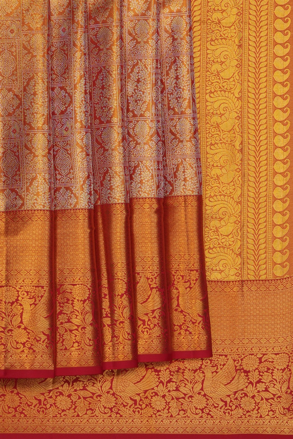 Image of Red Kanchipattu Tissue Brocade Saree