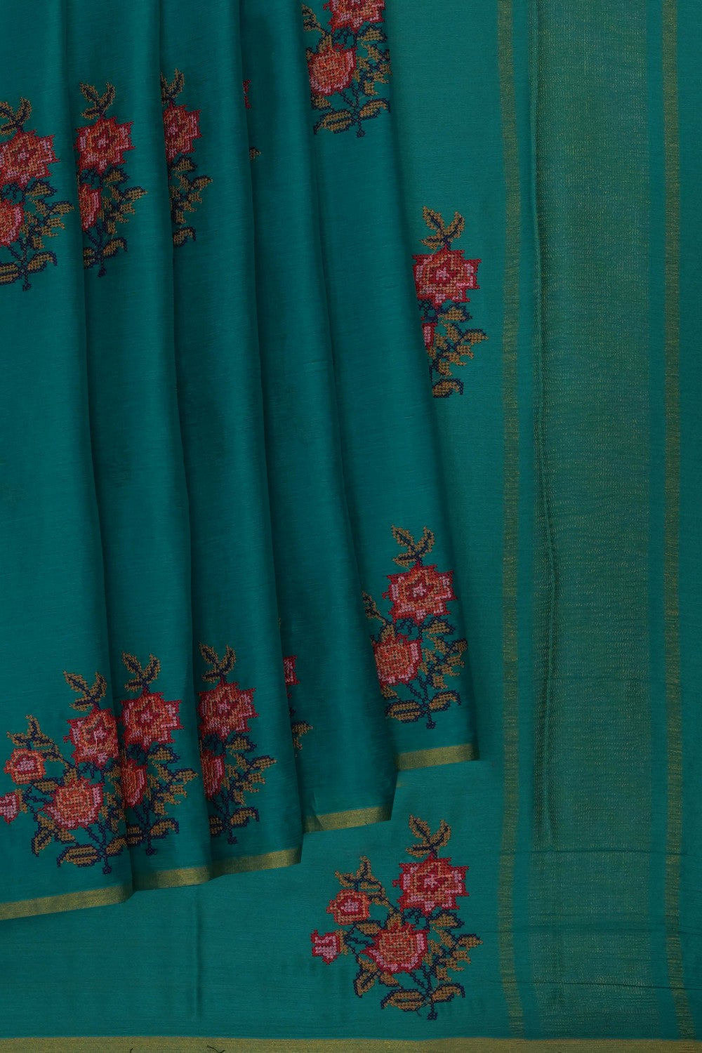 Image of Teal Blue Crepe Embroidery Saree