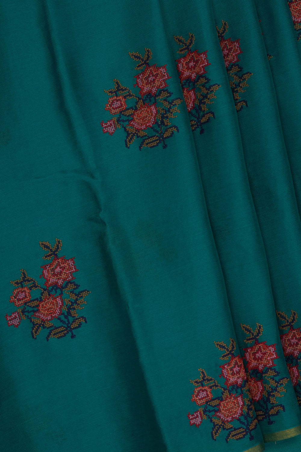 Image of Teal Blue Crepe Embroidery Saree