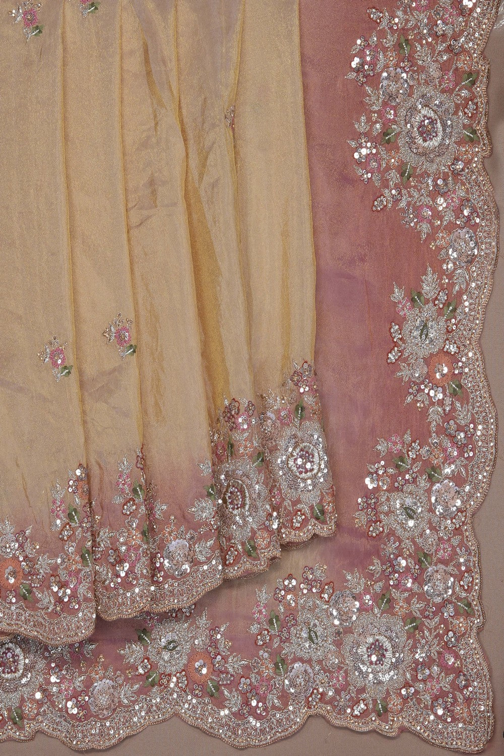Image of Beige Tissue Silk Embroidery Saree