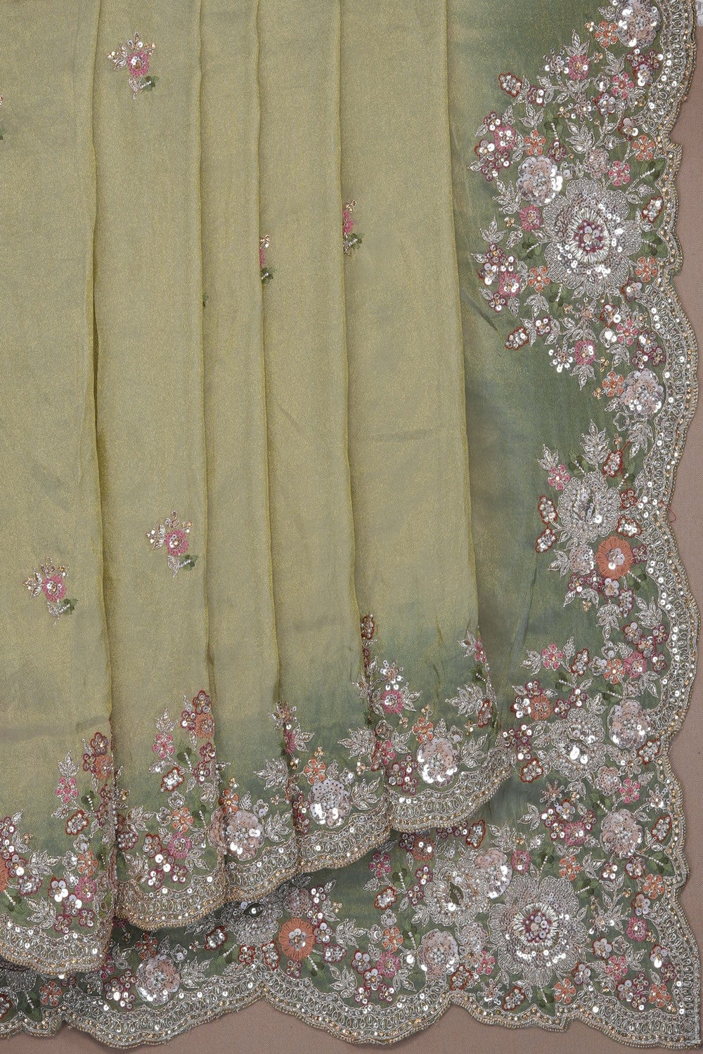 Image of Green Tissue Silk Embroidery Saree