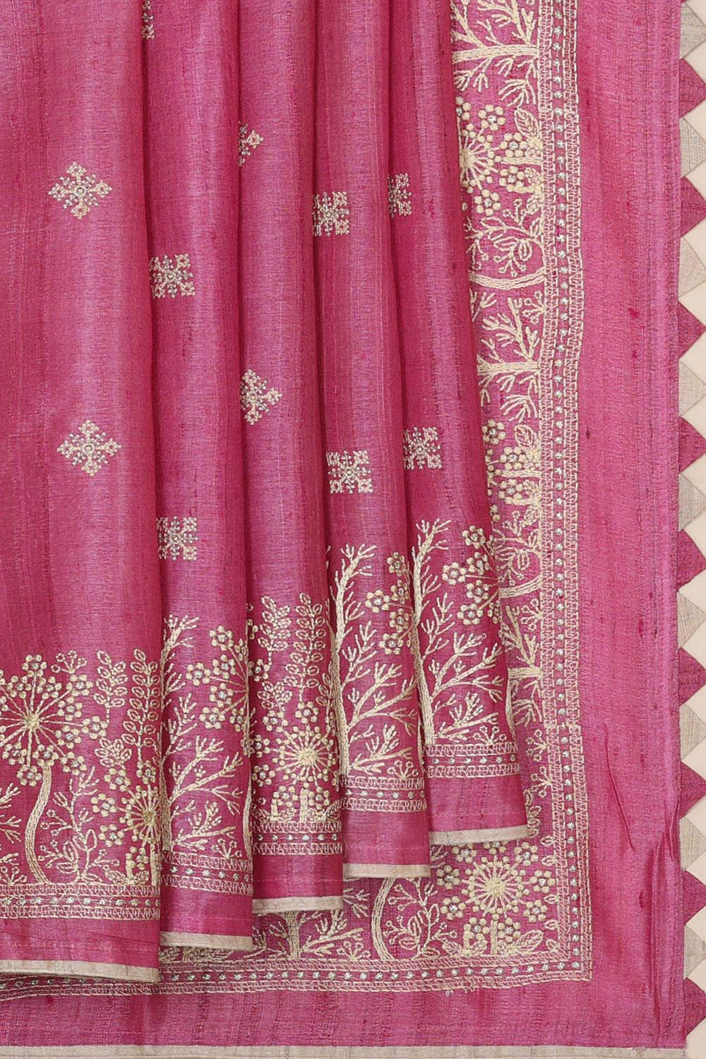 Tussar Silk Dark Pink Embroidered Saree