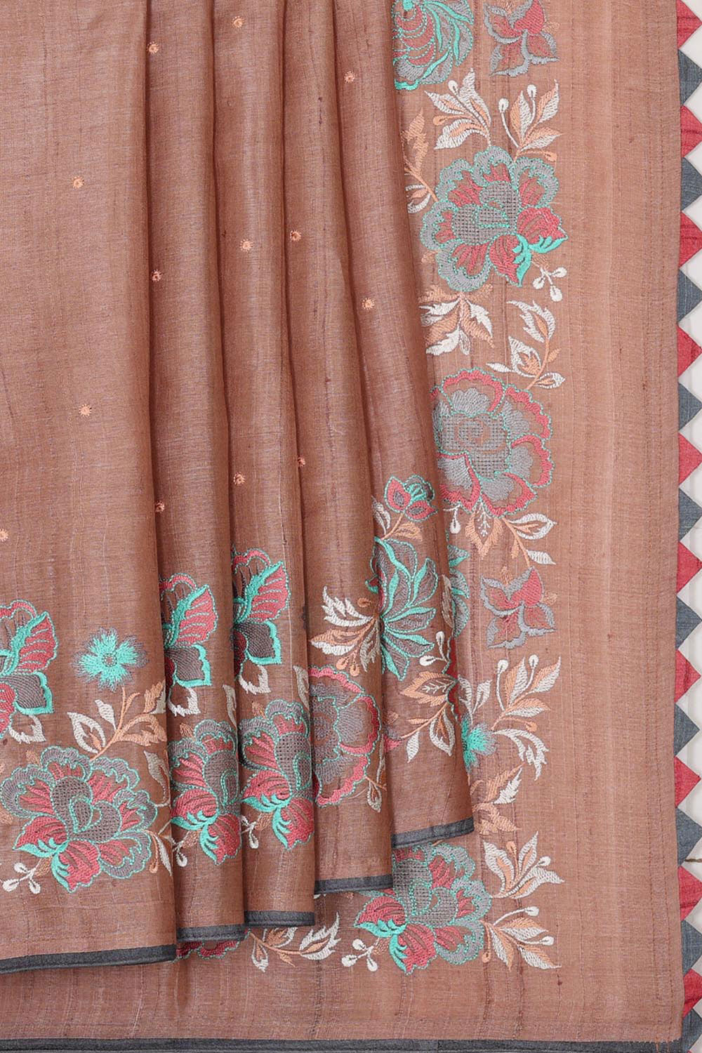 Tussar Silk Light Brown Embroidered Saree