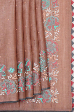 Image of Tussar Silk Light Brown Embroidered Saree