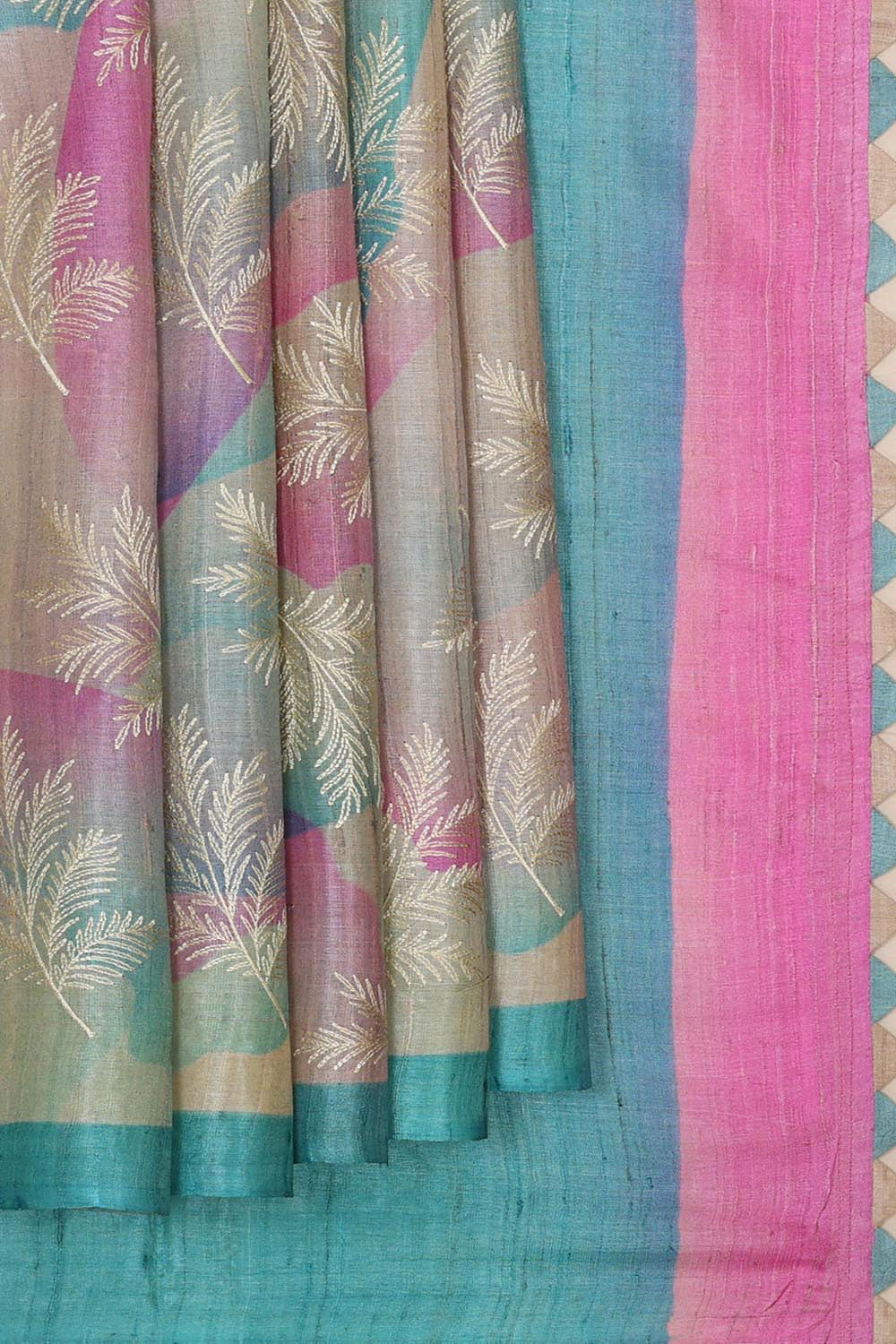 Tussar Silk Multicolour Embroidered Saree