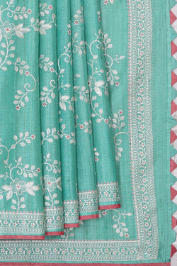 Image of Tussar Silk Sea Green Embroidered Saree