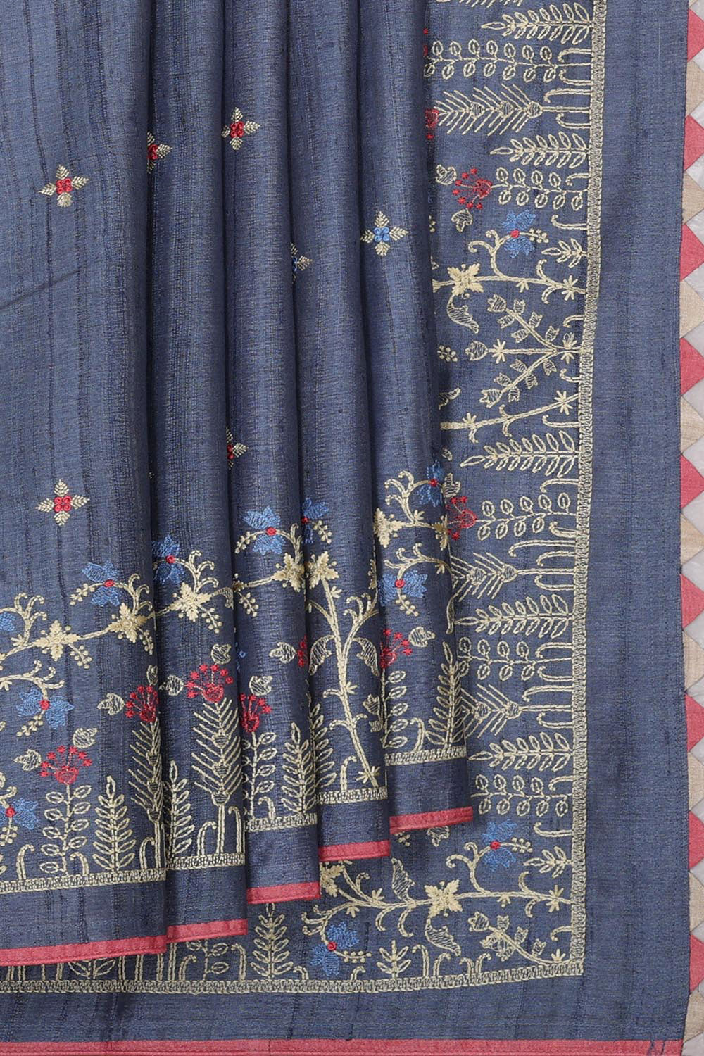 Tussar Silk Navy Blue Embroidered Saree