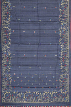 Image of Tussar Silk Navy Blue Embroidered Saree