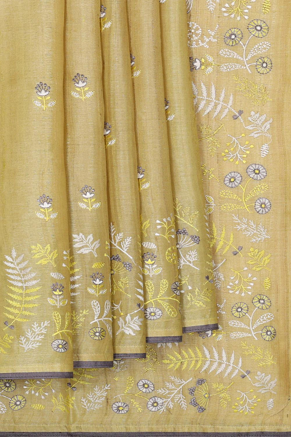 Tussar Silk Dull Yellow Embroidered Saree